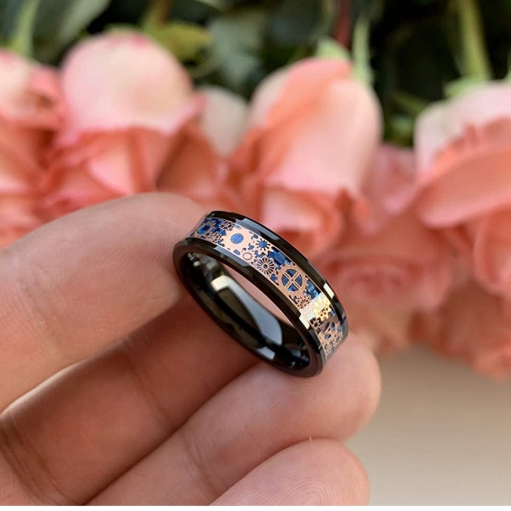Engagement Ring Black Tungsten Fiber Rose Gear
